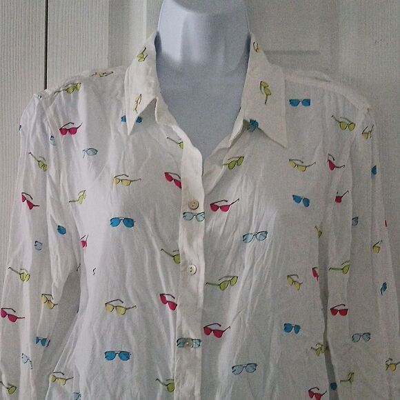 Jane and Delancey white multicolor sunglass print button down blouse Sz L - Picture 3 of 8